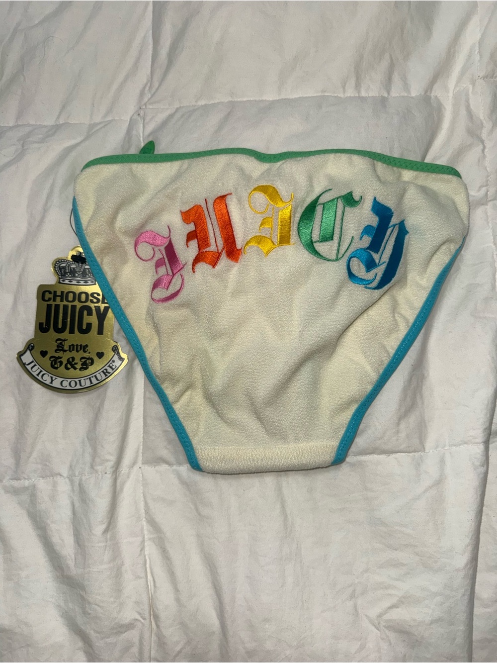 Juicy Couture Vintage Cream Terry Clotg Bikini Bottom with Rainbow Logo